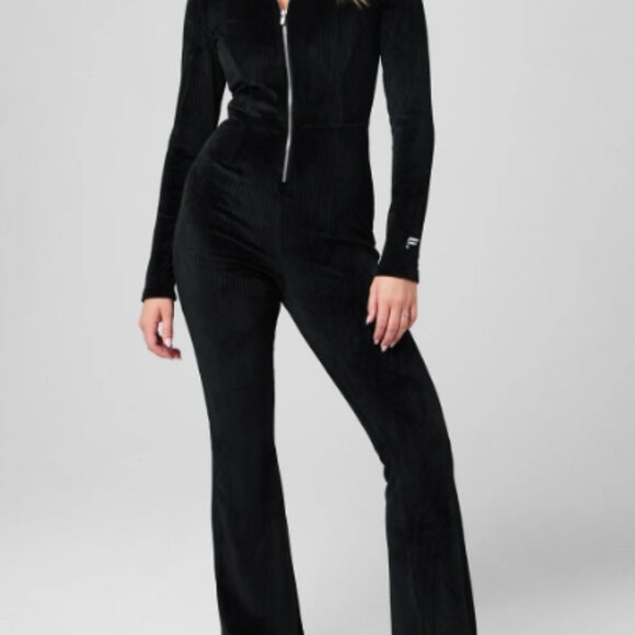 Fabletics Pants - Fabletics Plush Rib Hooded Jumpsuit Womens Medium Short Black Cord Corduroy NWT